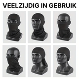 Czarna balaklava ThermoShield™ pokazana w sześciu stylach noszenia na manekinach, od pełnej maski po ocieplacz na szyję.