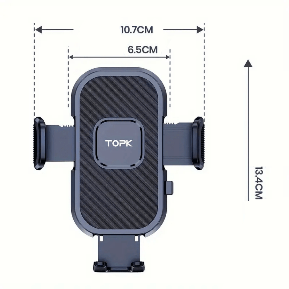 Czarny uchwyt na telefon Topk™ z wysuwanymi bocznymi zaciskami i wymiarami 13,4 x 10,7 cm przedstawiony.