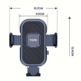 Czarny uchwyt na telefon Topk™ z wysuwanymi bocznymi zaciskami i wymiarami 13,4 x 10,7 cm przedstawiony.