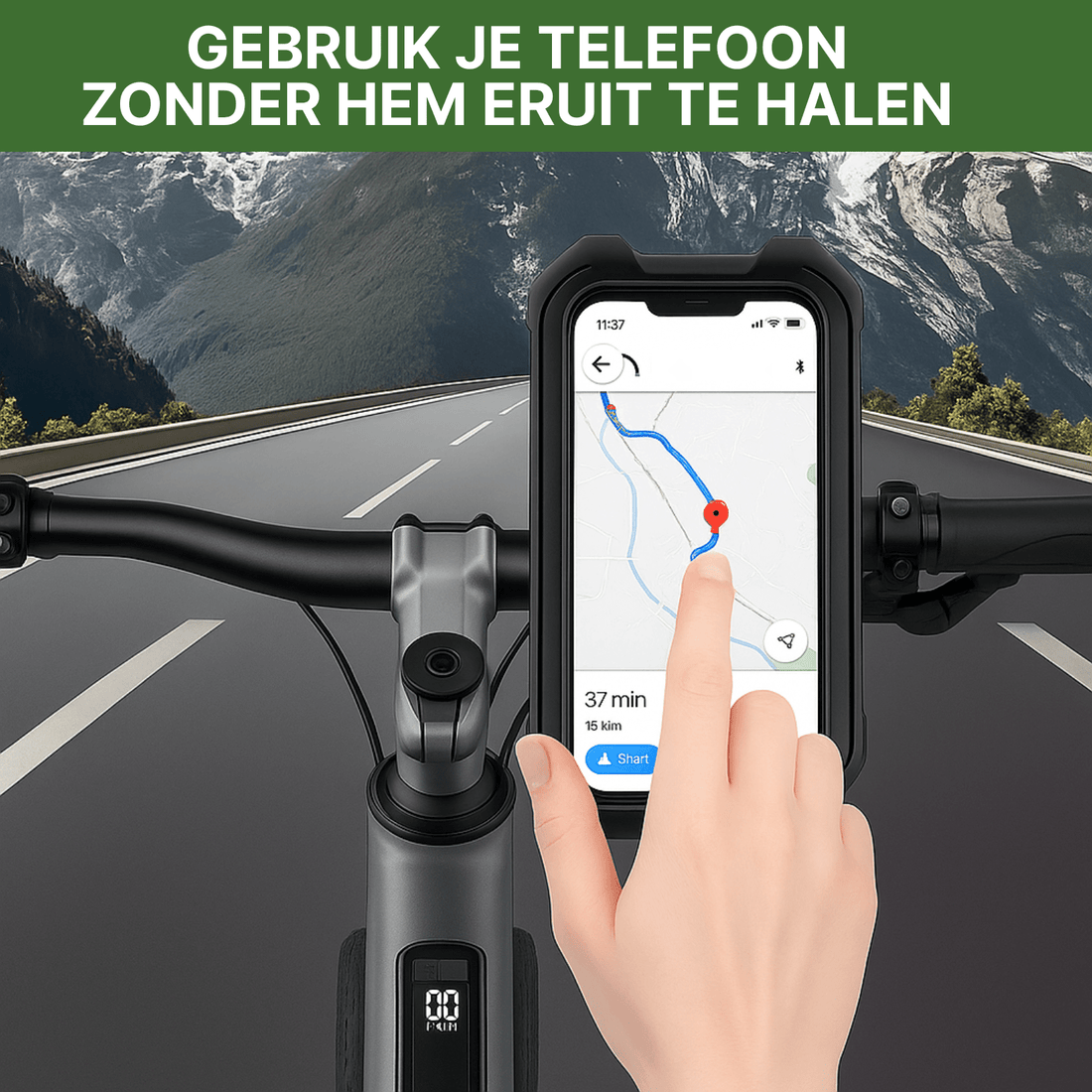 Uchwyt na telefon z ekranem dotykowym na rowerze, ręcznie obsługuje aplikację nawigacyjną podczas jazdy przez górzysty teren.