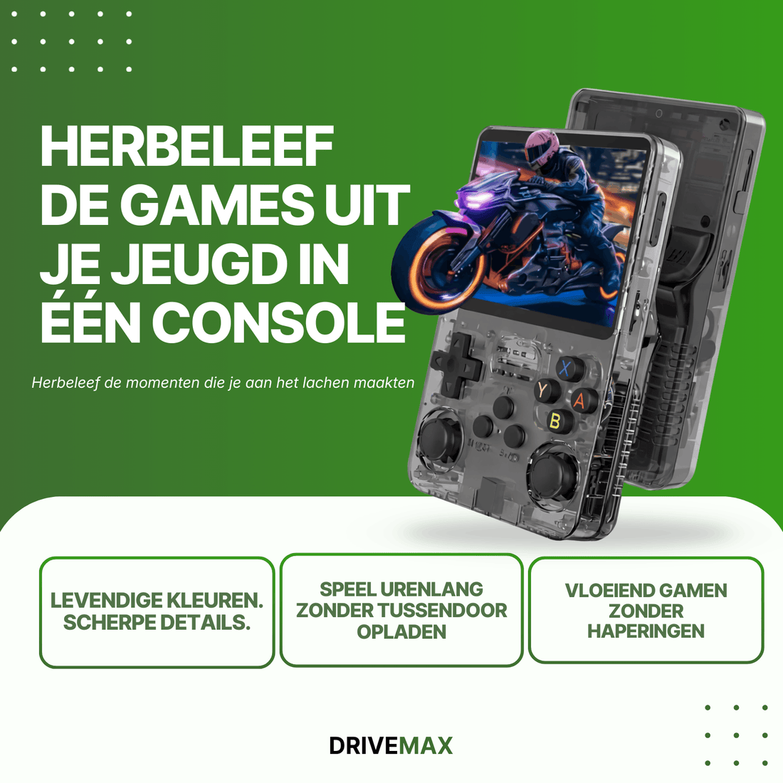 Przenośna konsola do gier retro z przezroczystą obudową i joystickami, wyświetlająca dynamiczną grę wyścigową na ekranie, zaprojektowana do klasycznej rozgrywki.