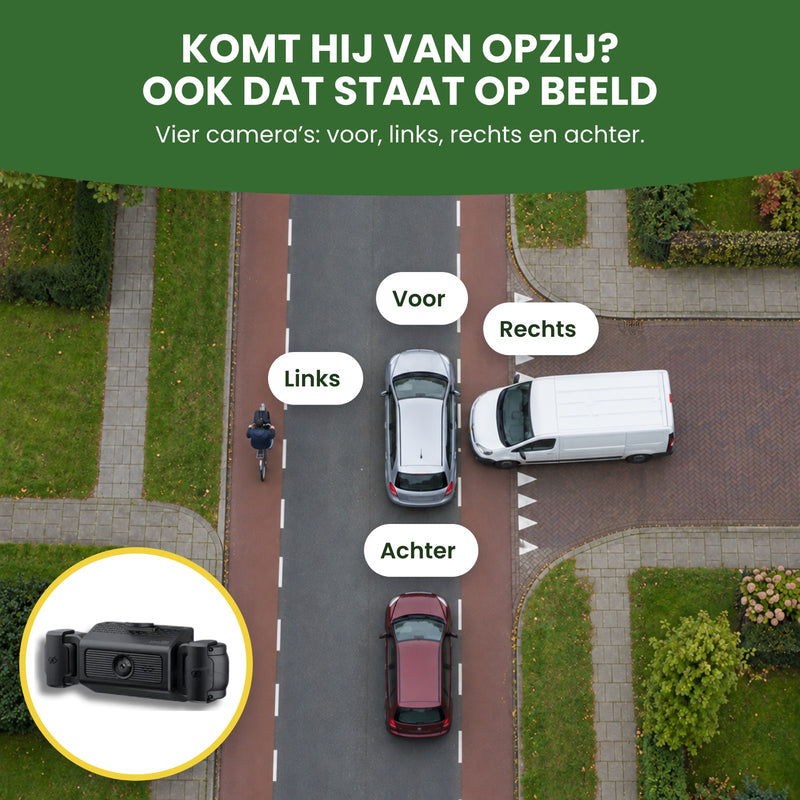 Een auto op een Nederlandse weg van boven, een bestelbus komt uit een zijstraat van opzij: de VisionEdge 360 filmt voor, links, rechts en achter