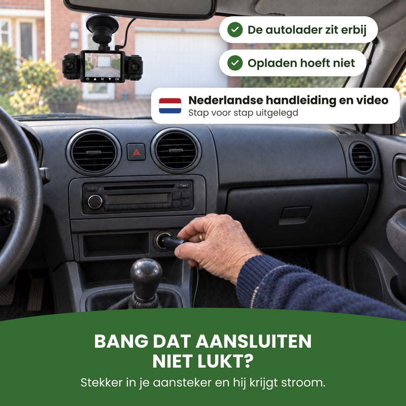 Een hand steekt de stekker van de VisionEdge 360 dashcam in de sigarettenaansteker: zelf aansluiten, met Nederlandse handleiding en video