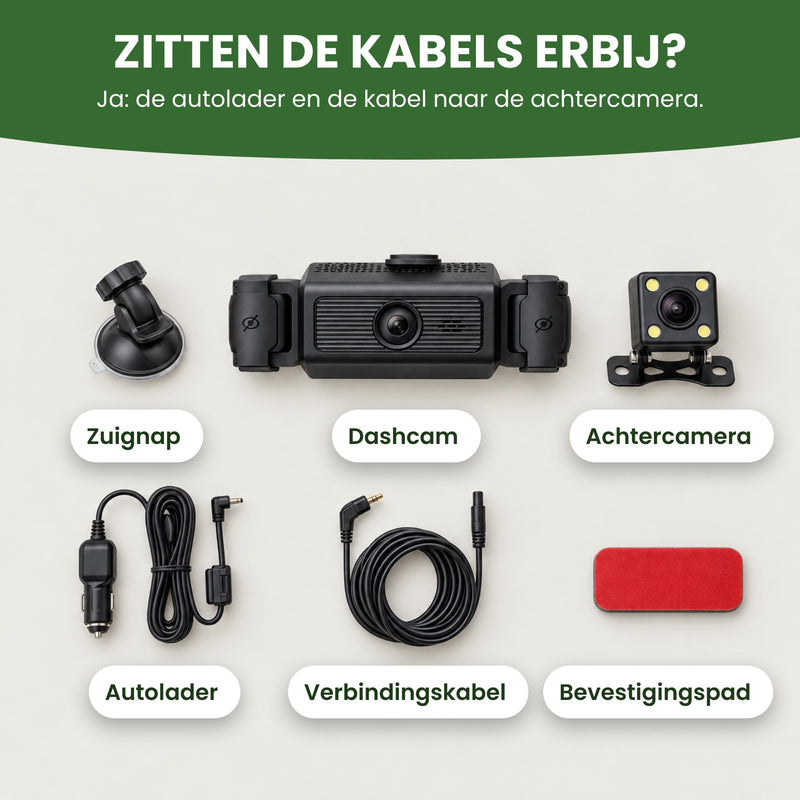 Wat erbij zit: de VisionEdge 360 dashcam, zuignap, achtercamera, autolader, verbindingskabel en bevestigingspad. De kabels zitten erbij